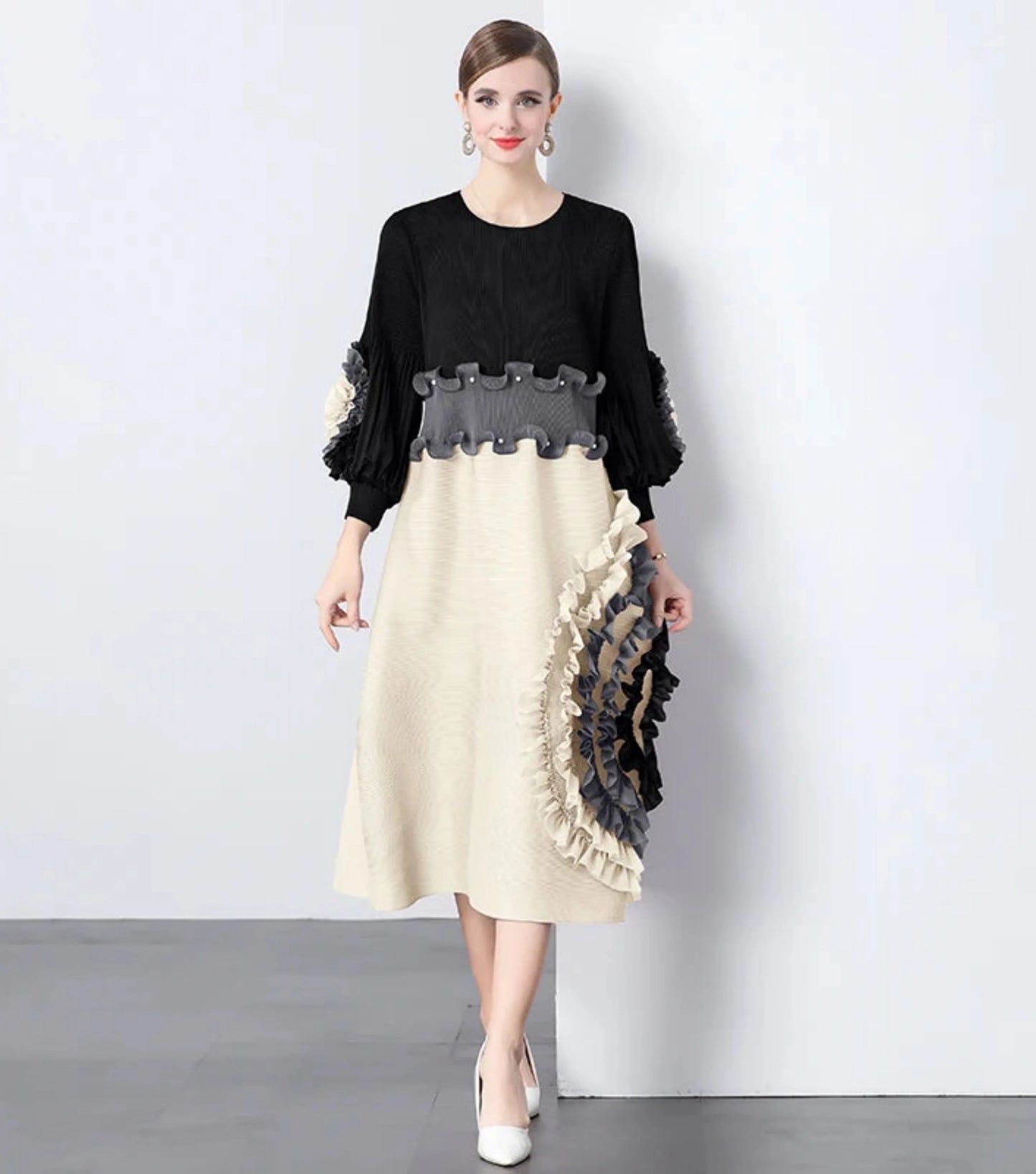 Ruffle Sleeve Plisse Dress