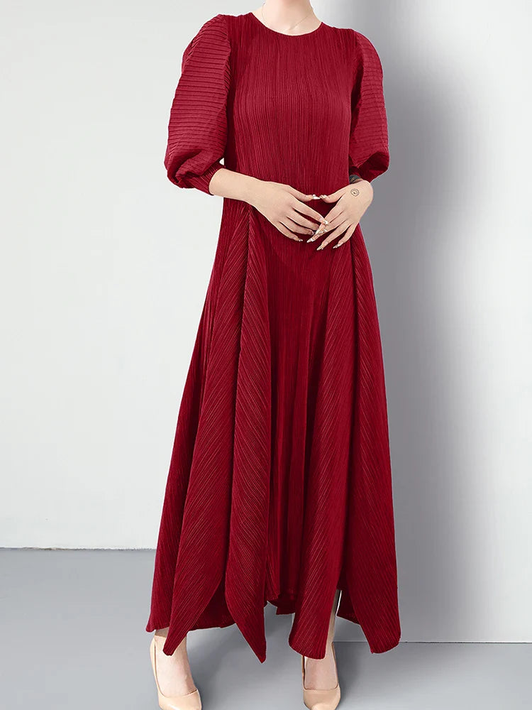 Plissé Pleated Puff Sleeve Dress