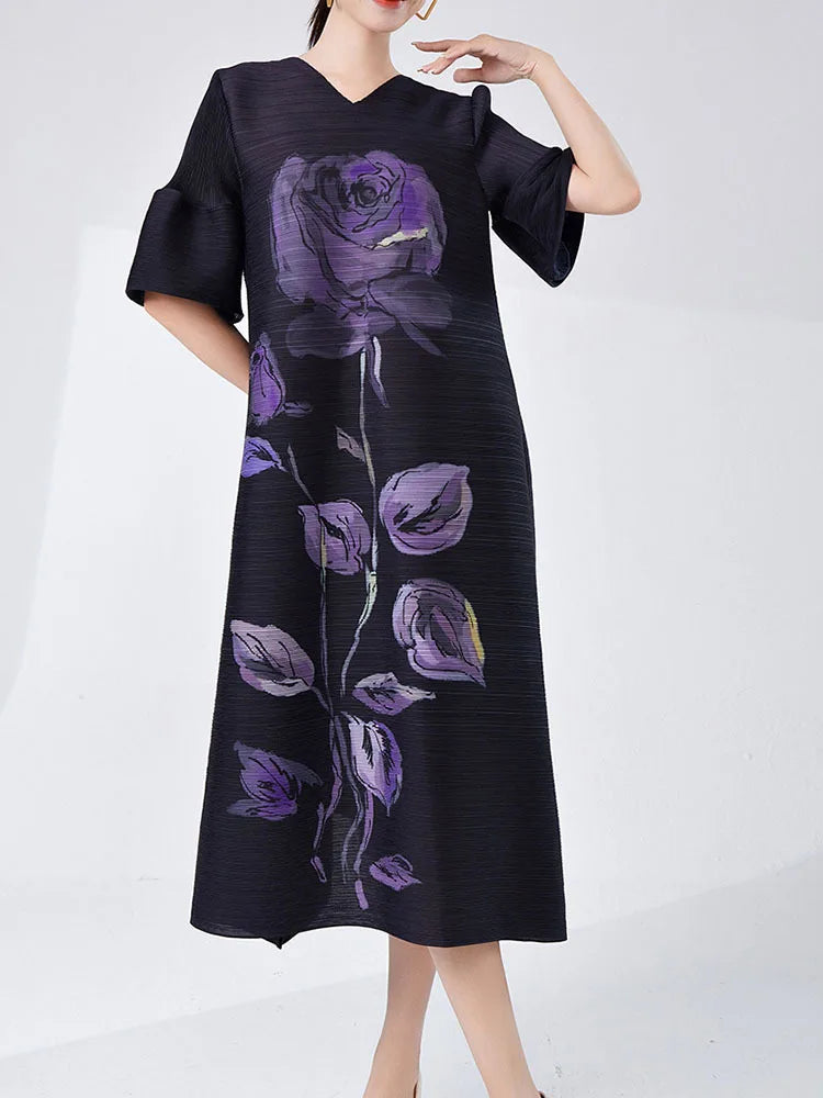 Women's Elegant Japanese Pleated Floral Dress