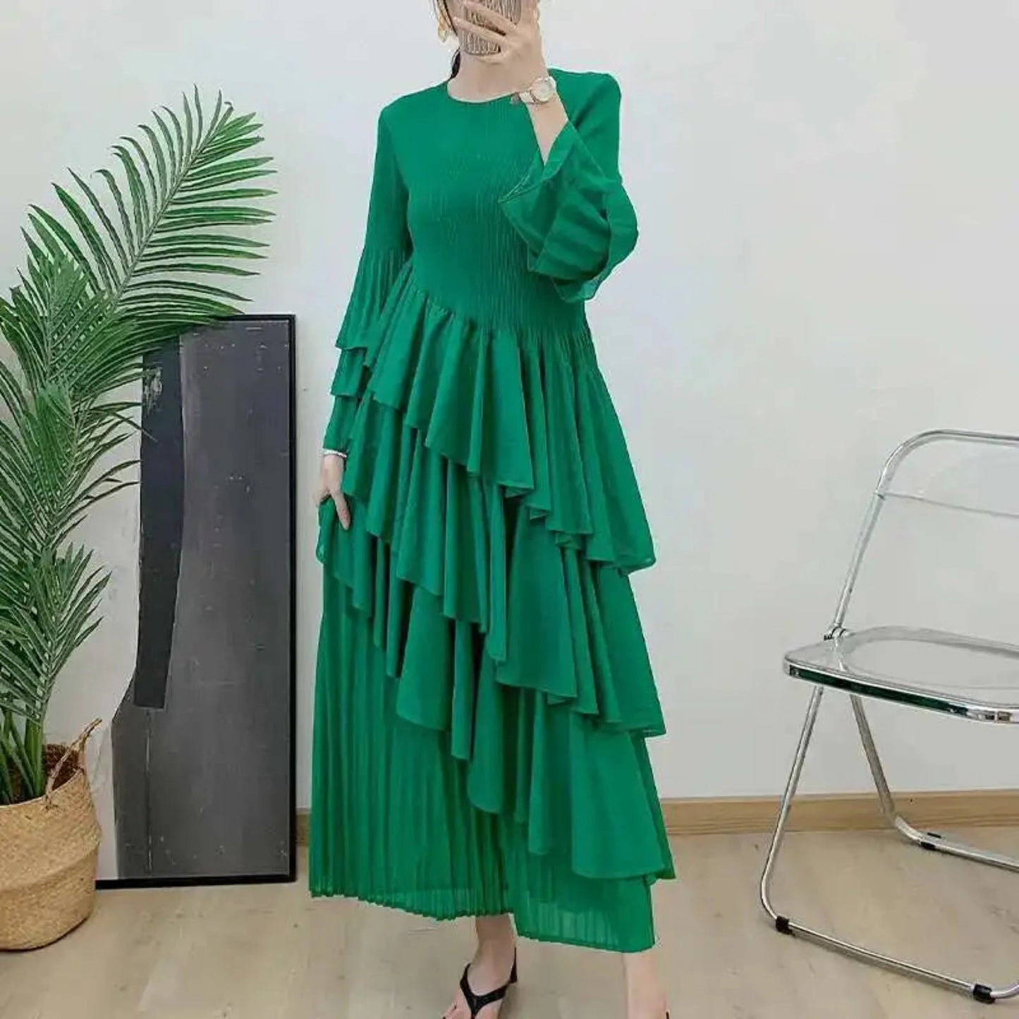 Elegant Ruffled Pleated Dress