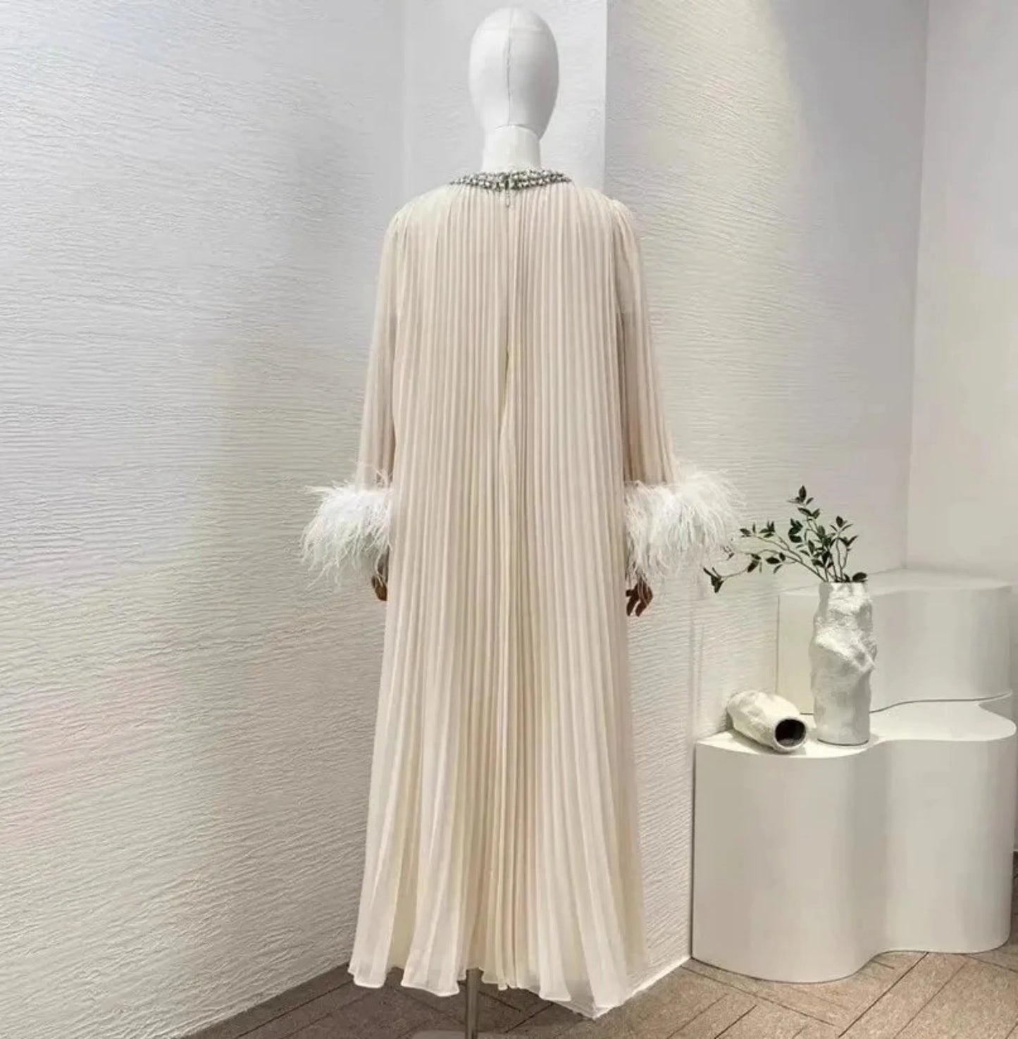 Luxe Pleated Feather Midi Dress