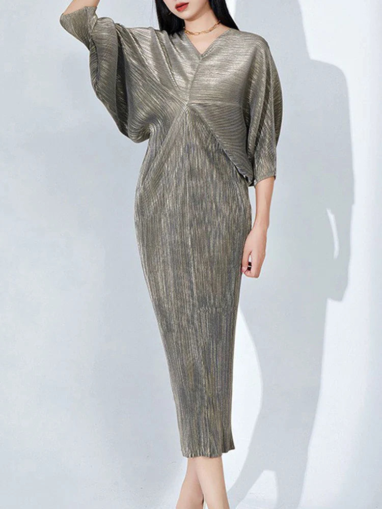 V-Neck Flutter Sleeve Pleated Midi Dress