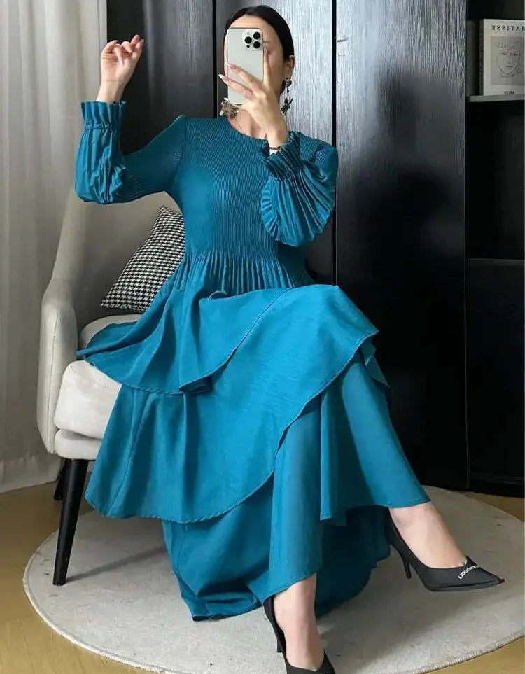 Pleated Lantern Sleeve Ruffle Dress
