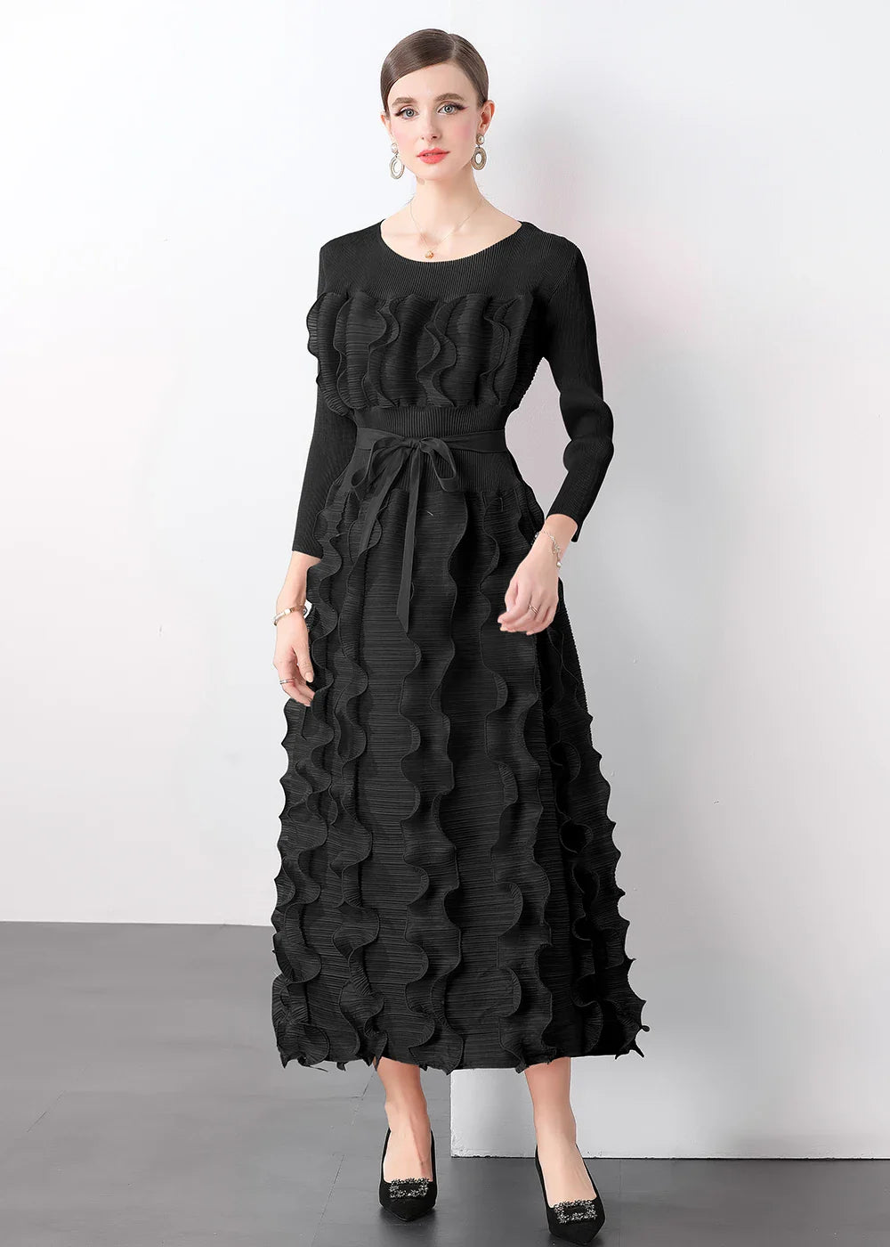 Luxe Plissé Modest Ruffle Dress