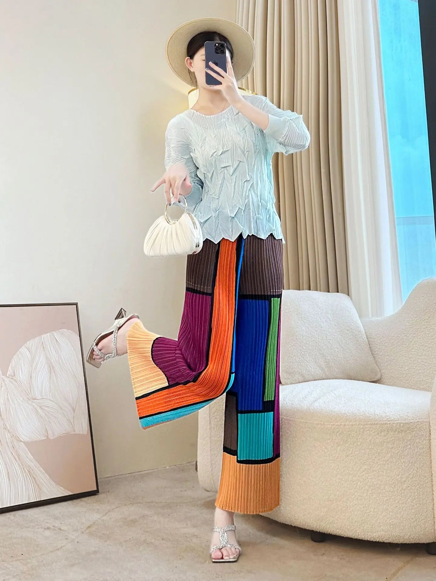Luxury Color Block Pleats Pants