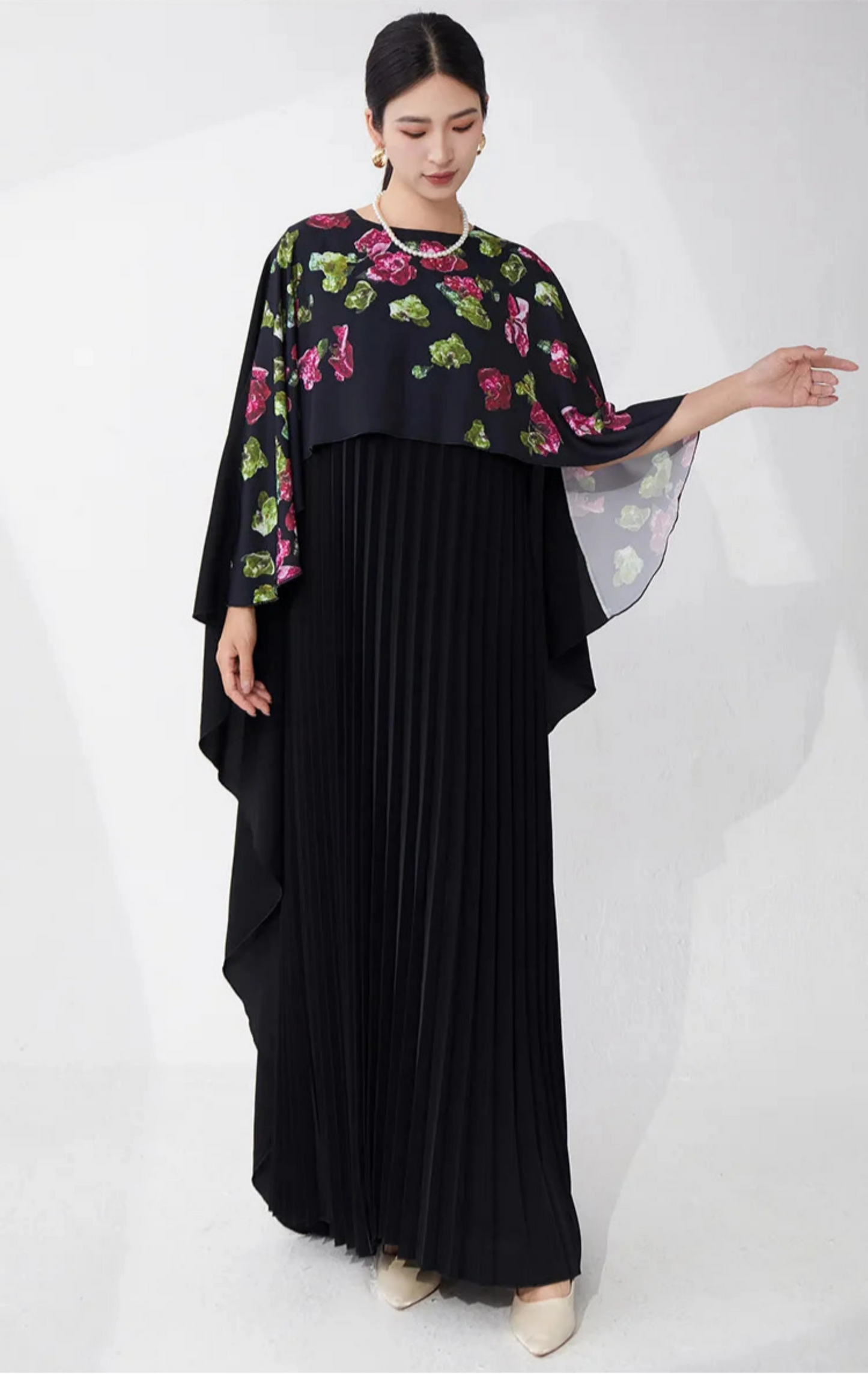 Pleated Petite Floral Cape Dress