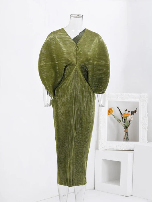 V-Neck Flutter Sleeve Pleated Midi Dress