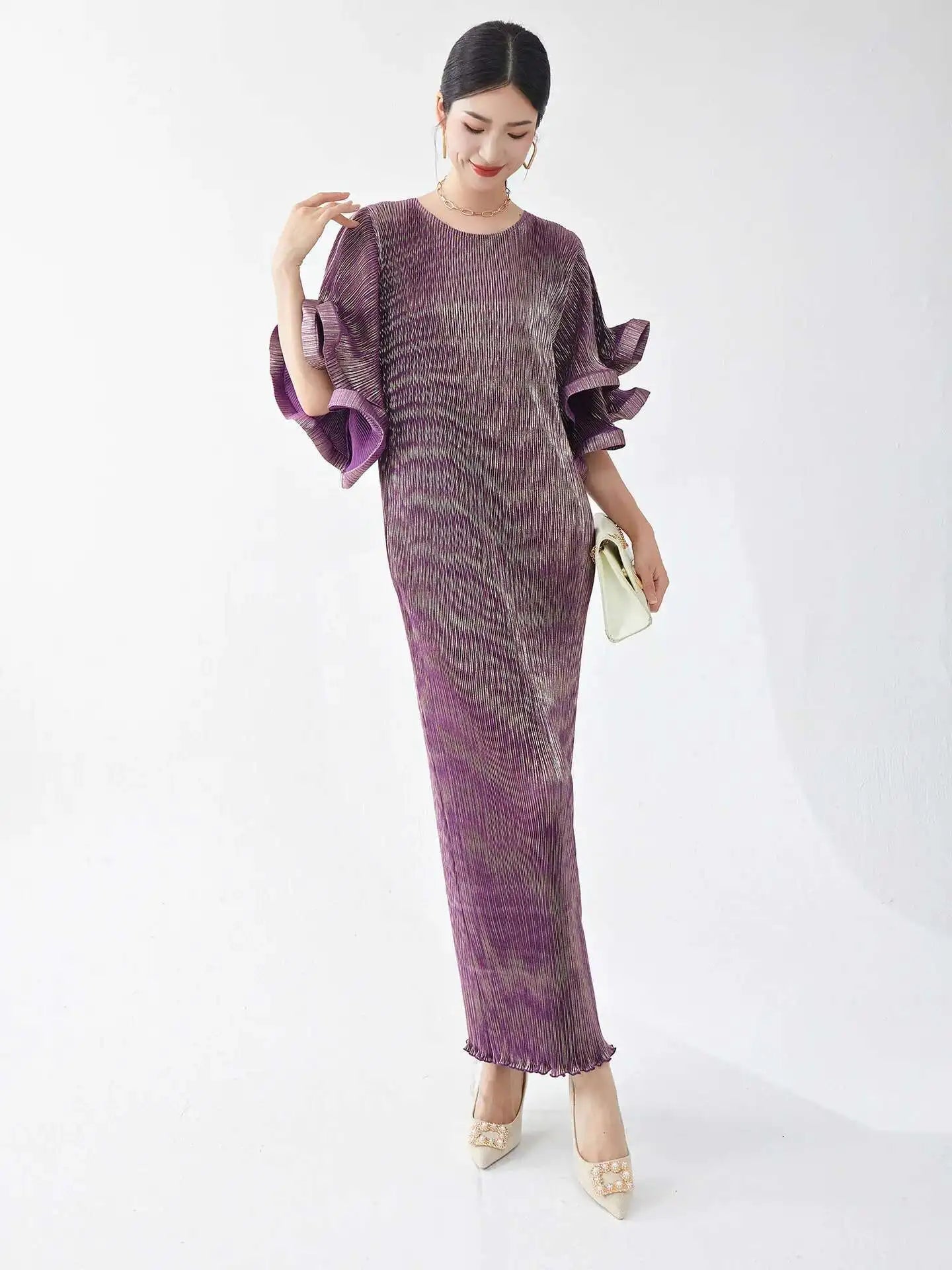Luxury Pleated Flare Sleeve Dress