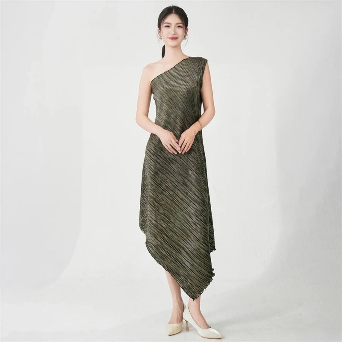 Asymmetric Pleated Midi Dress