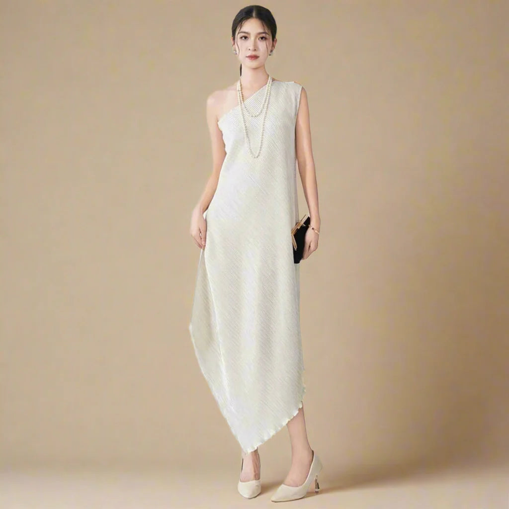 Asymmetric Pleated Midi Dress