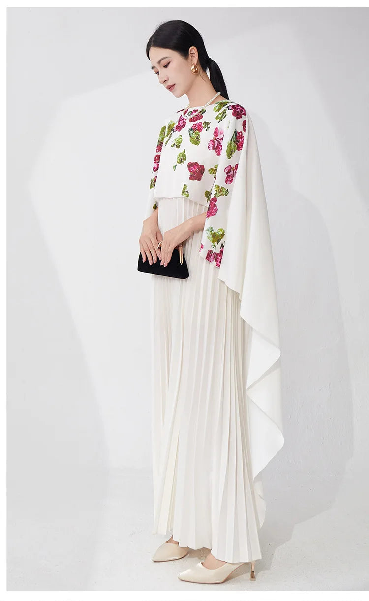 Pleated Petite Floral Cape Dress