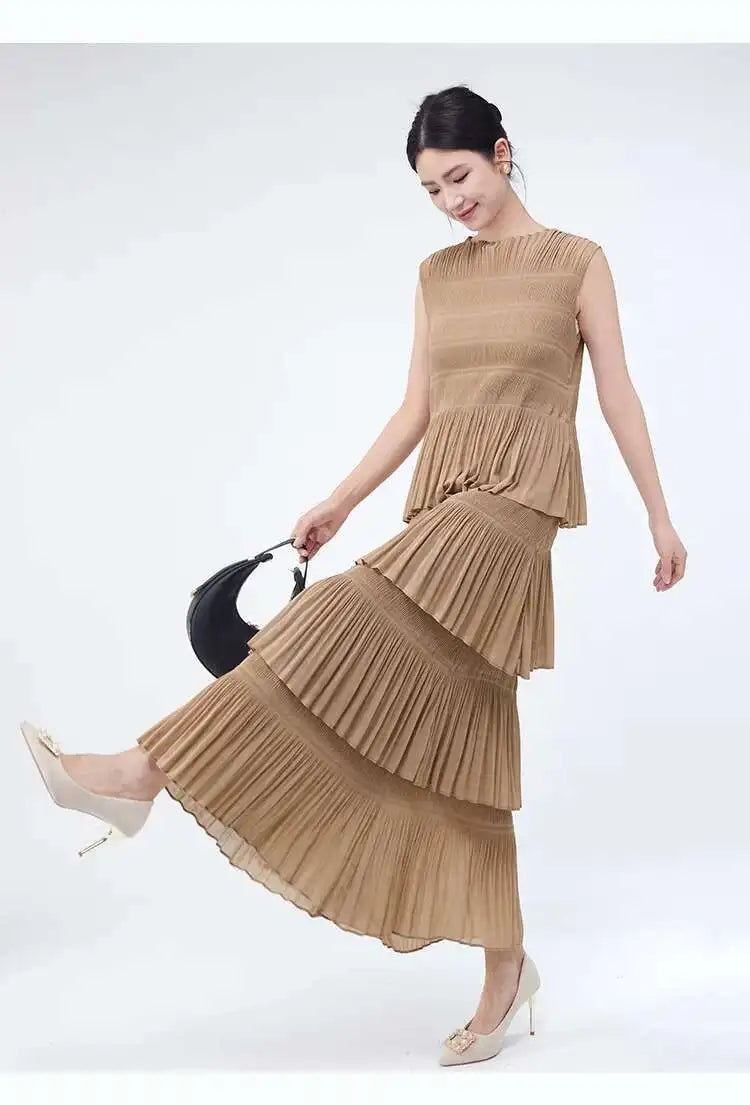 Unique Tiered Pleated Sleeveless Dress