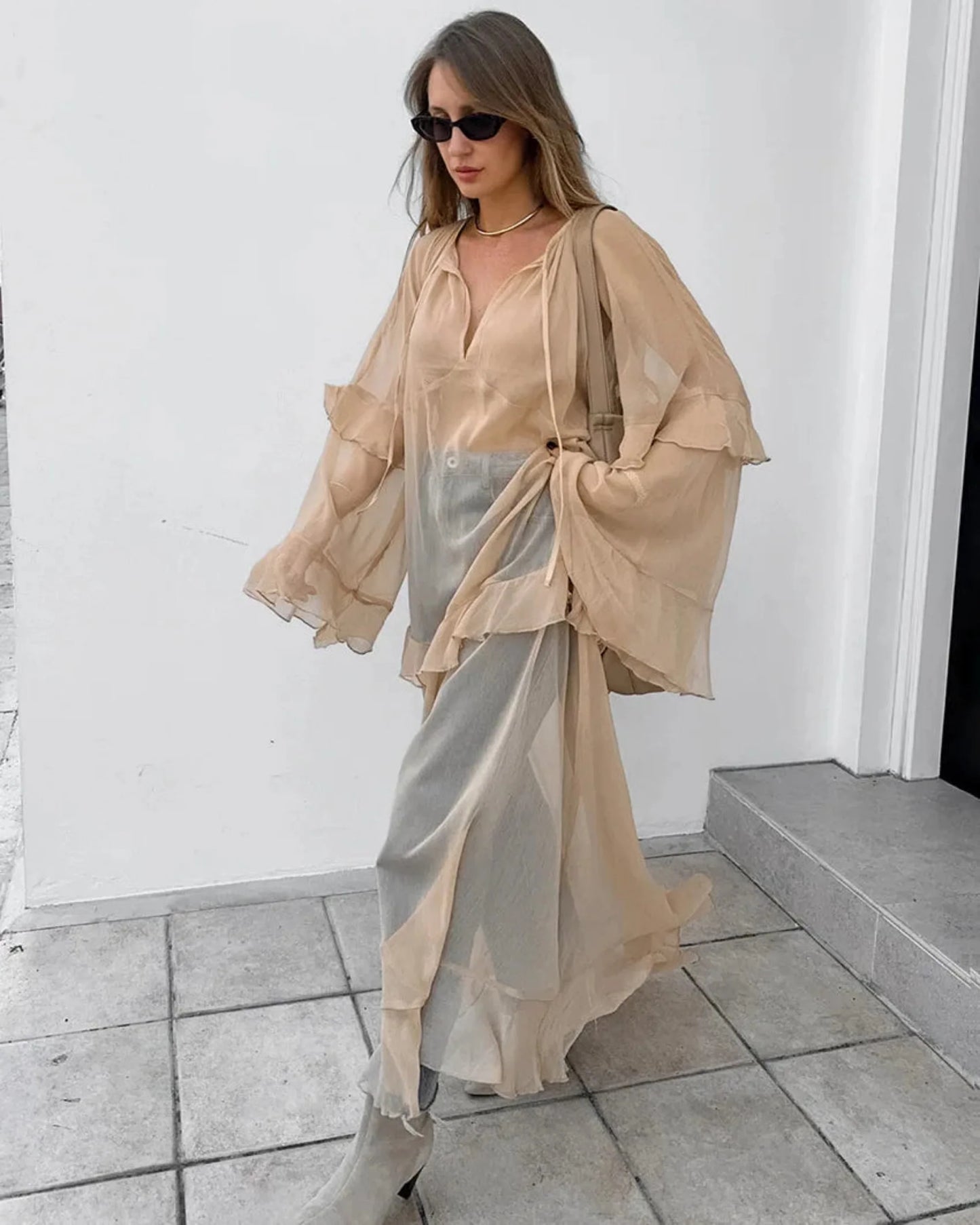 Luxe Sheer Beige Flowing Dress - Ruffled Long Sleeve