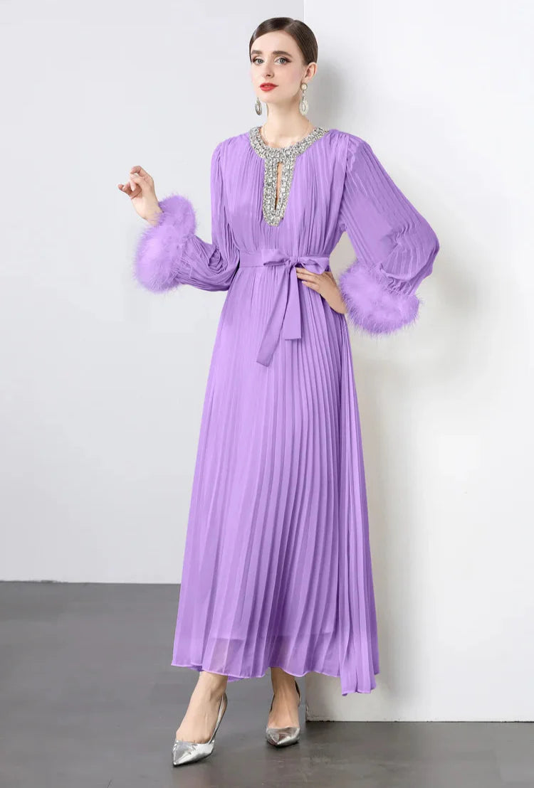 Plisse Faux Fur Crystal Dress