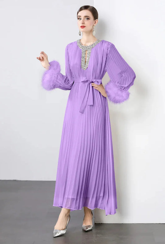 Plisse Faux Fur Crystal Dress