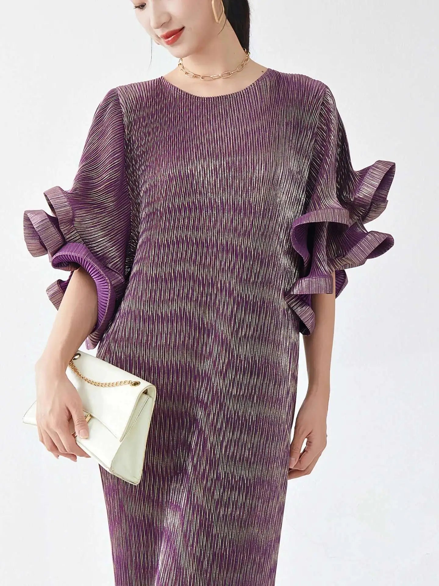 Luxury Pleated Flare Sleeve Dress