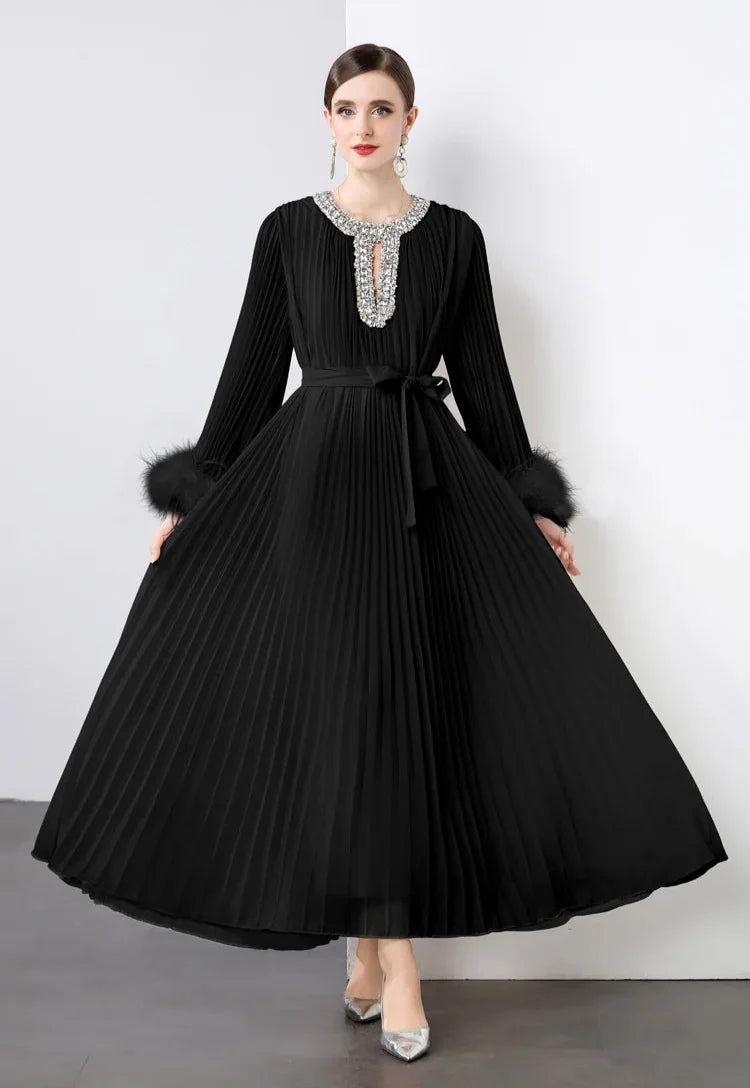 Plisse Faux Fur Crystal Dress