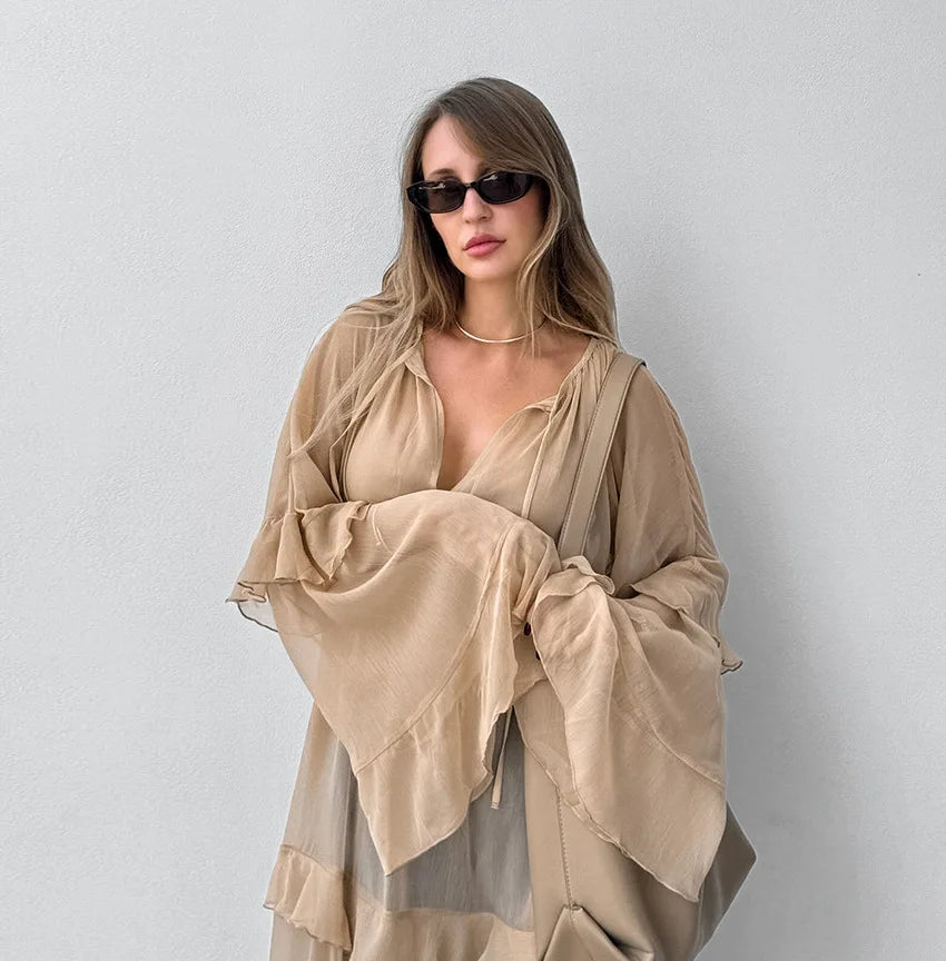 Luxe Sheer Beige Flowing Dress - Ruffled Long Sleeve