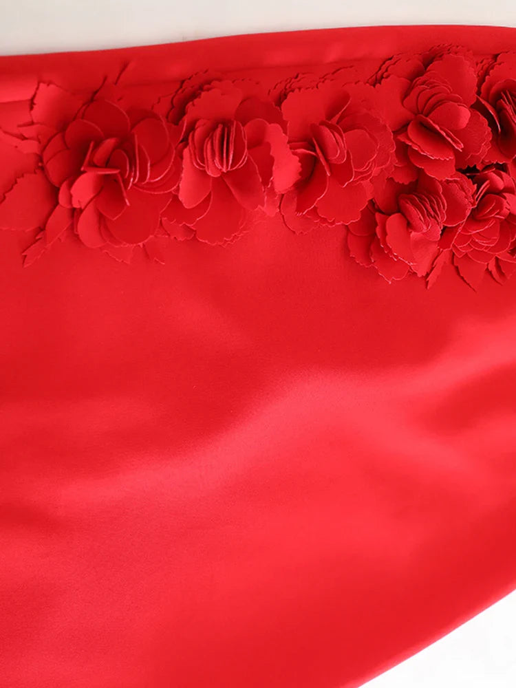 Red Floral Appliqué Midi Skirt
