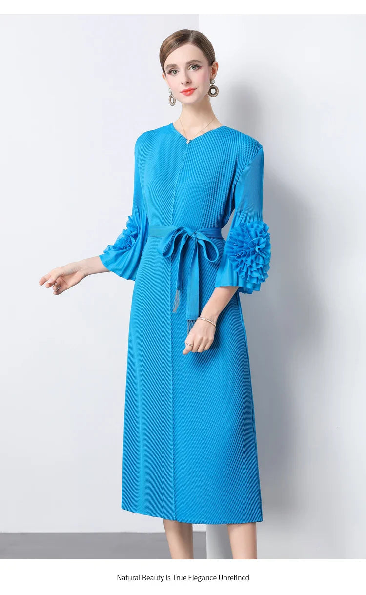 Floral Cape Sleeve Plisse Dress
