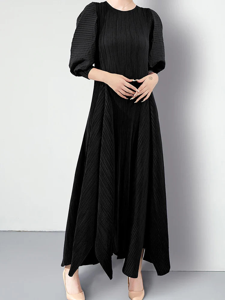 Plissé Pleated Puff Sleeve Dress