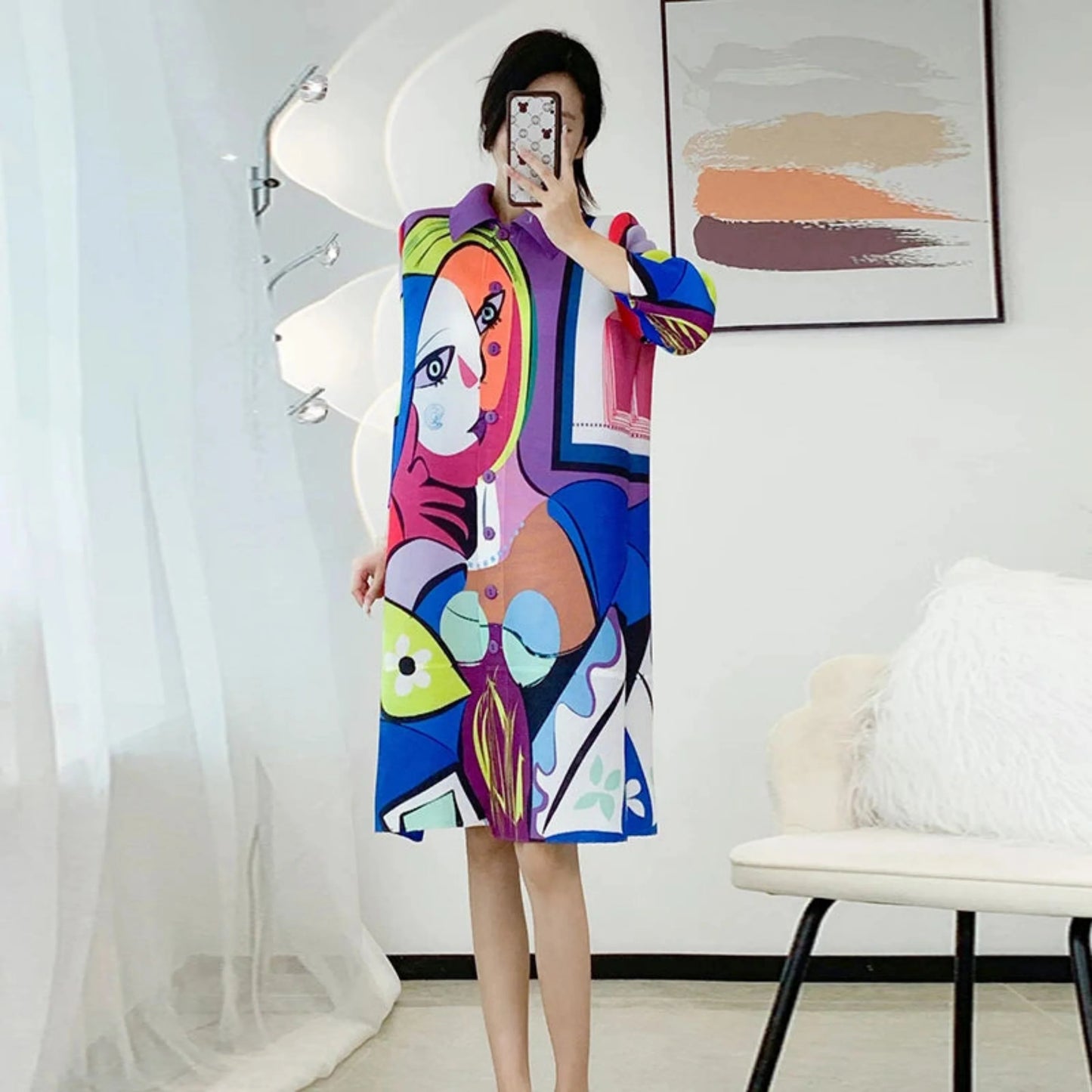 Luxury Abstract Face Plissé Dress