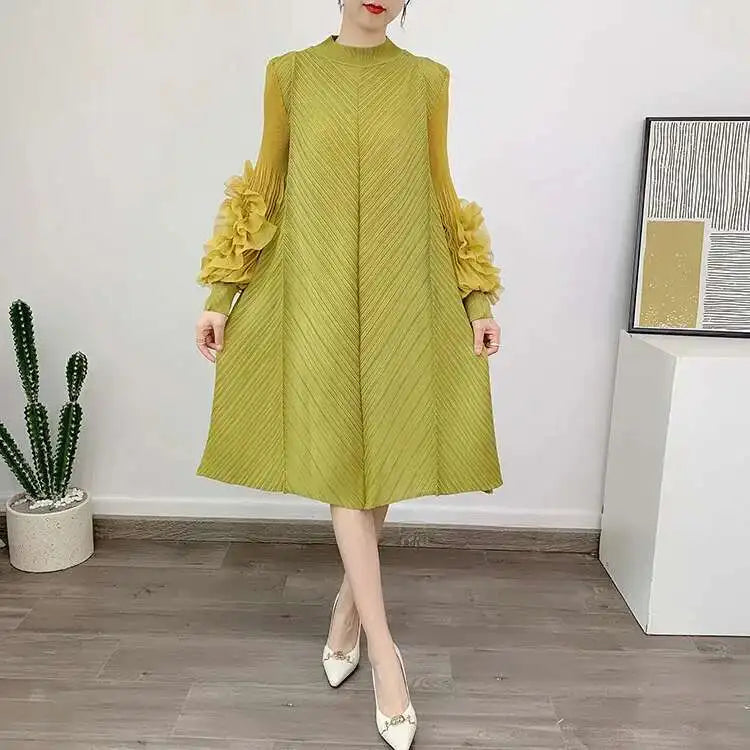 Luxury Pleated Floral Ruffle Dress