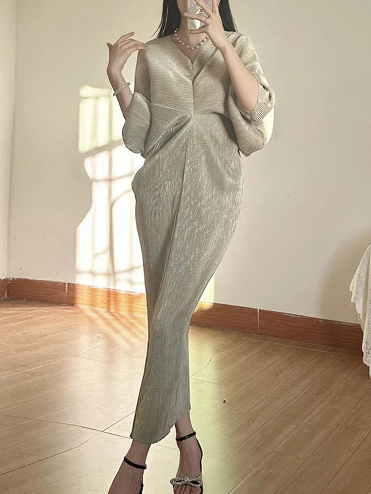 V-Neck Flutter Sleeve Pleated Midi Dress