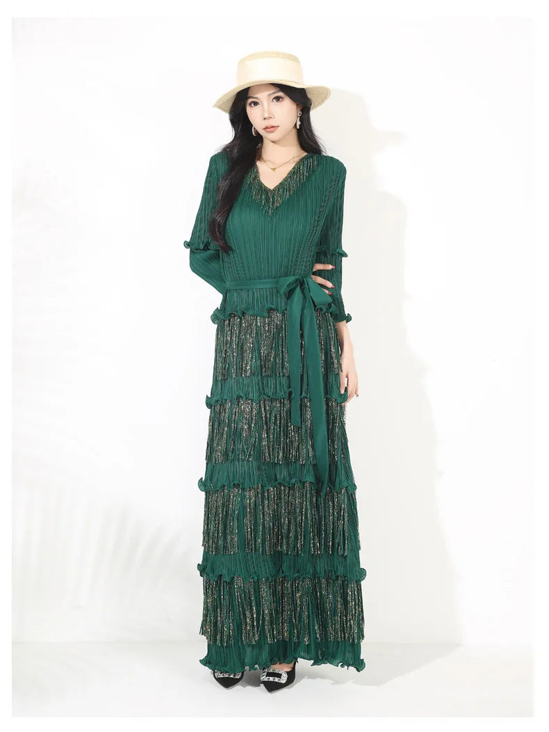 Plissé Japanese Fringe Midi Dress