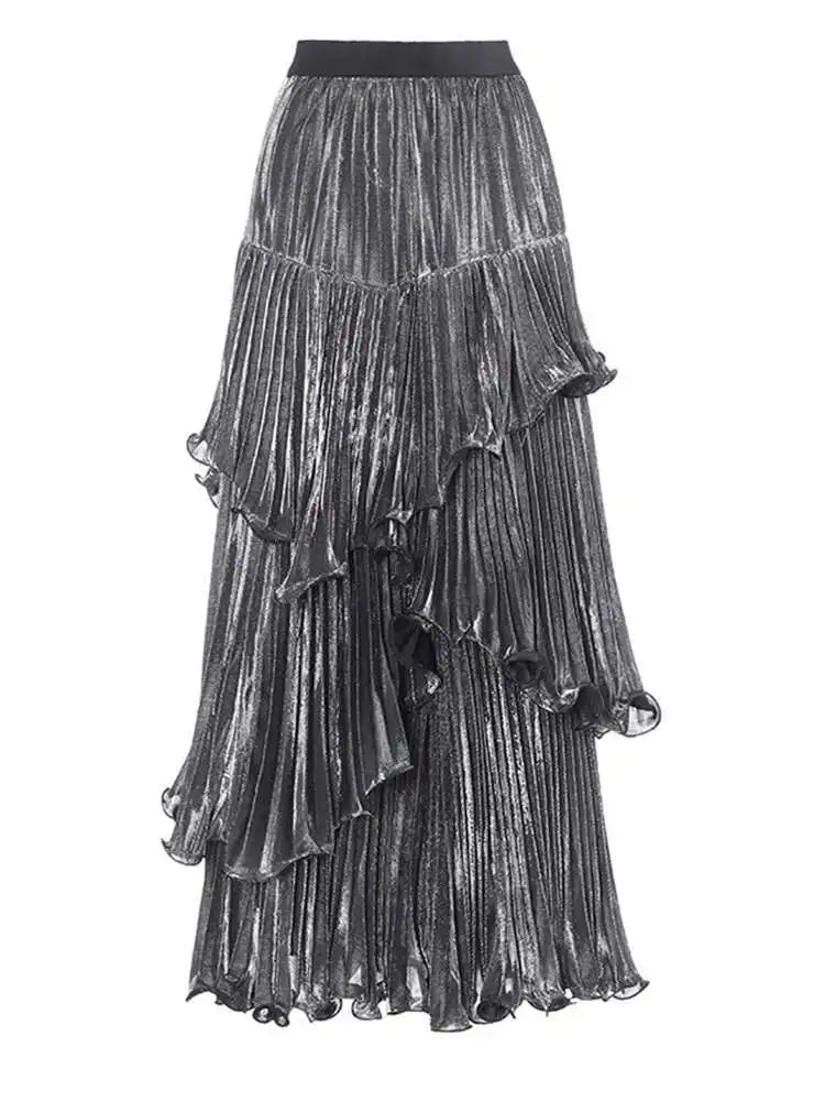 Metallic Tiered Midi Skirt
