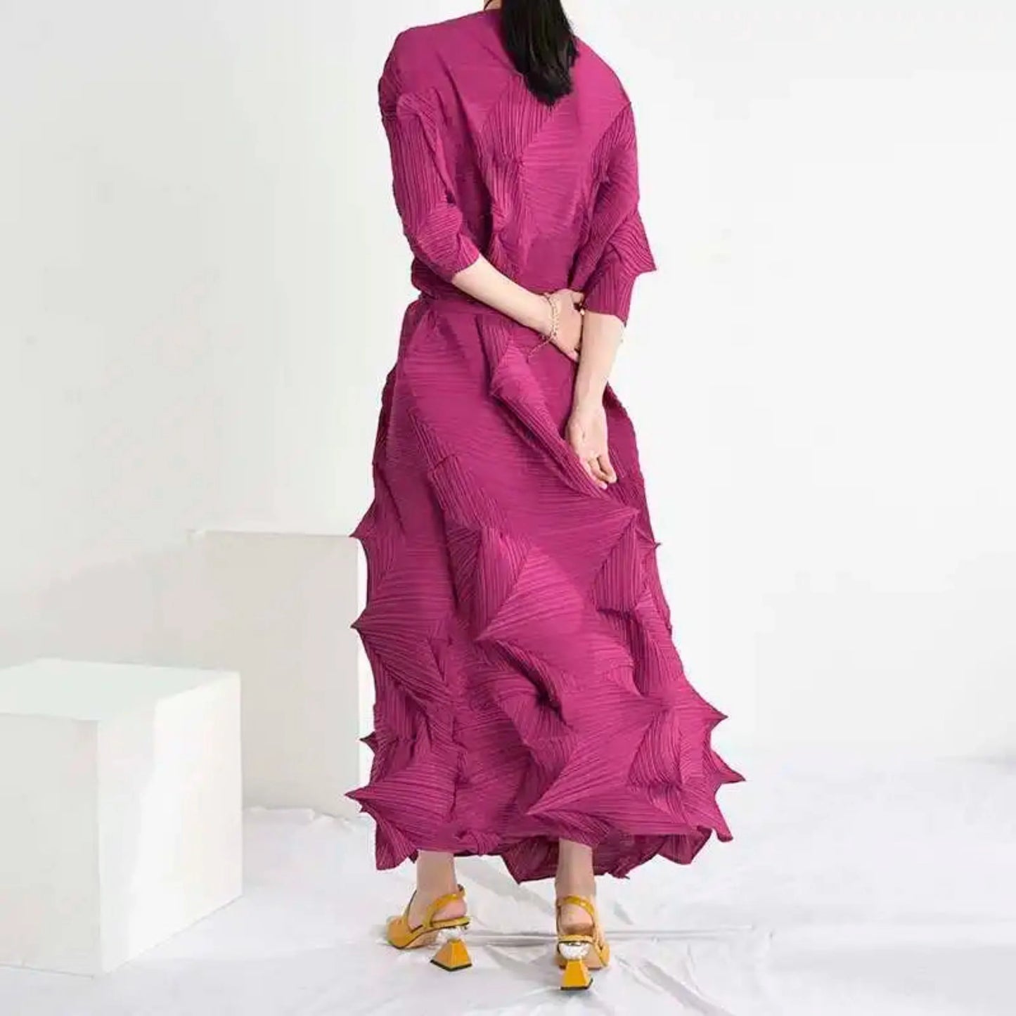 Plissé Geometric Midi Dress