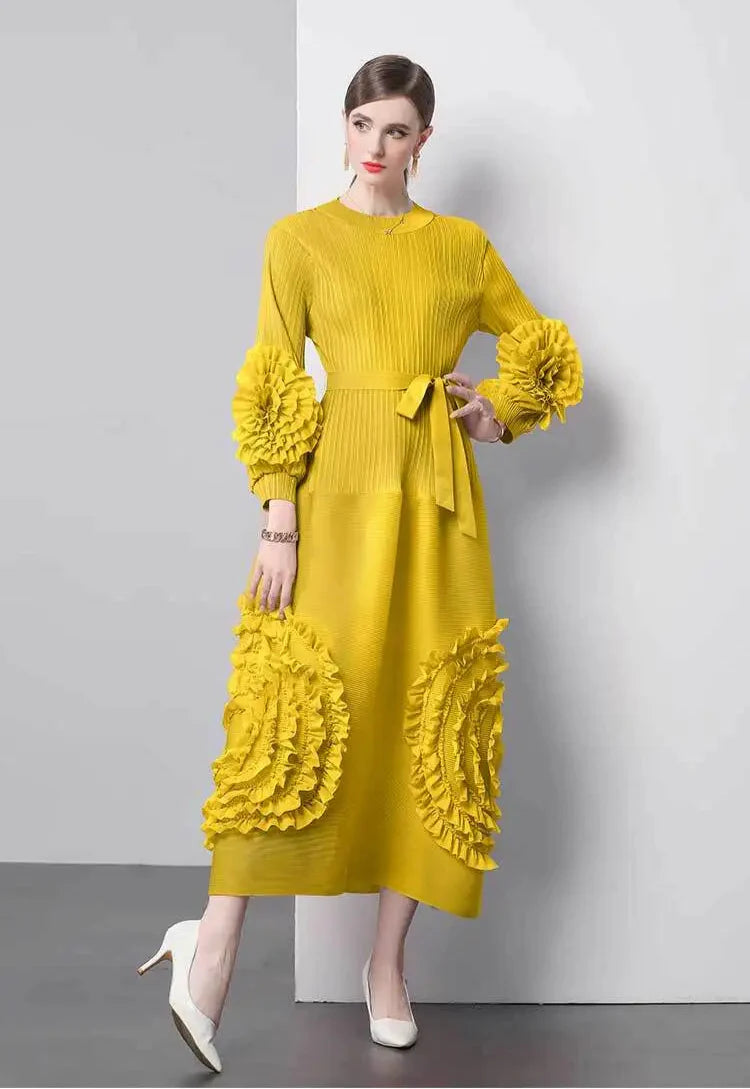 Plisse Floral Bubble Sleeve Dress