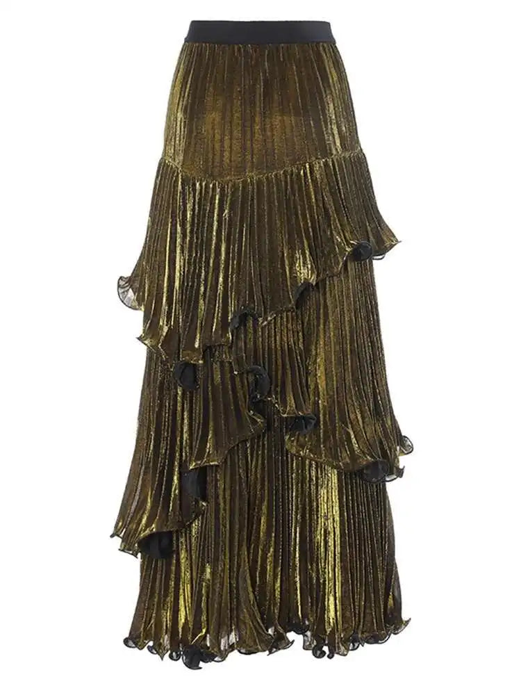 Metallic Tiered Midi Skirt