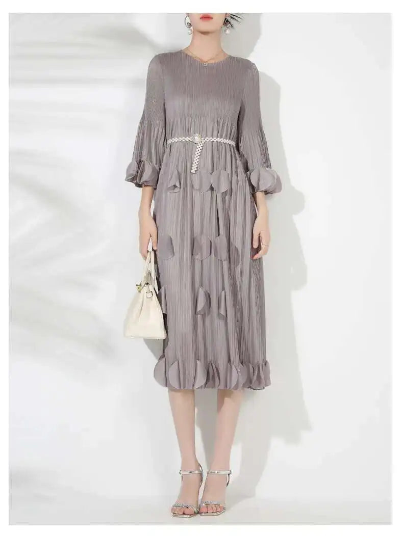 Premium Plissé 3/4 Sleeve Midi Dress