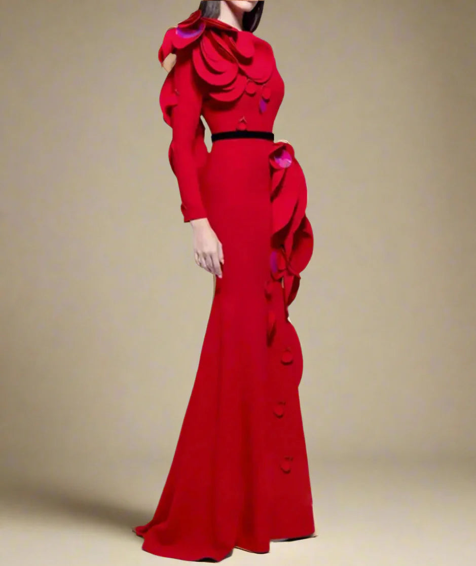 Couture Ruffled Rosette Maxi Dress