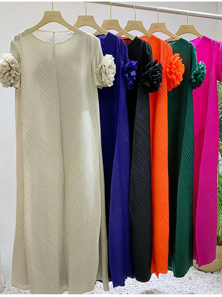 Luxe Floral Short Sleeve Plissé Pleated Long Dress