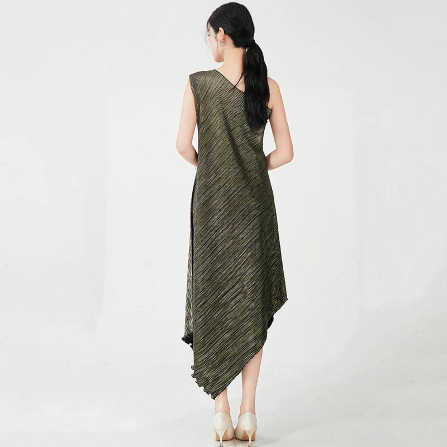 Asymmetric Pleated Midi Dress