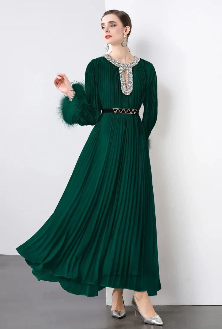 Plisse Faux Fur Crystal Dress