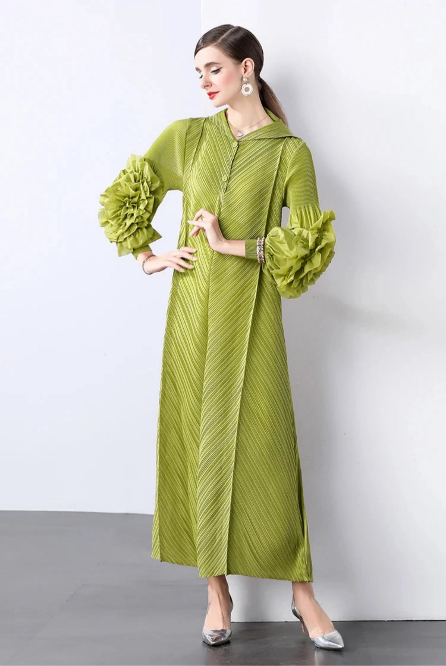 Plissé Pleated Long Sleeve Dress