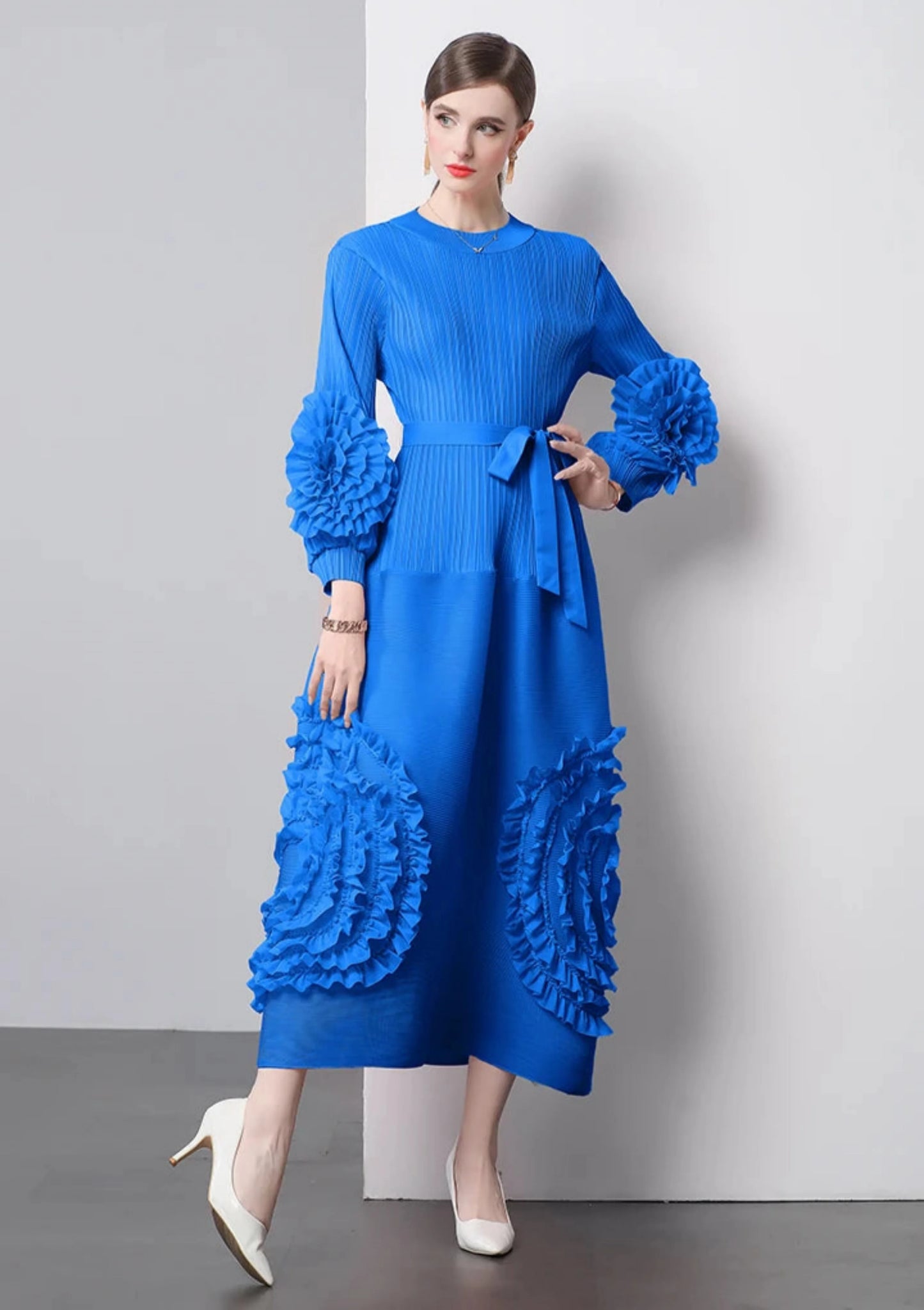 Plisse Floral Bubble Sleeve Dress