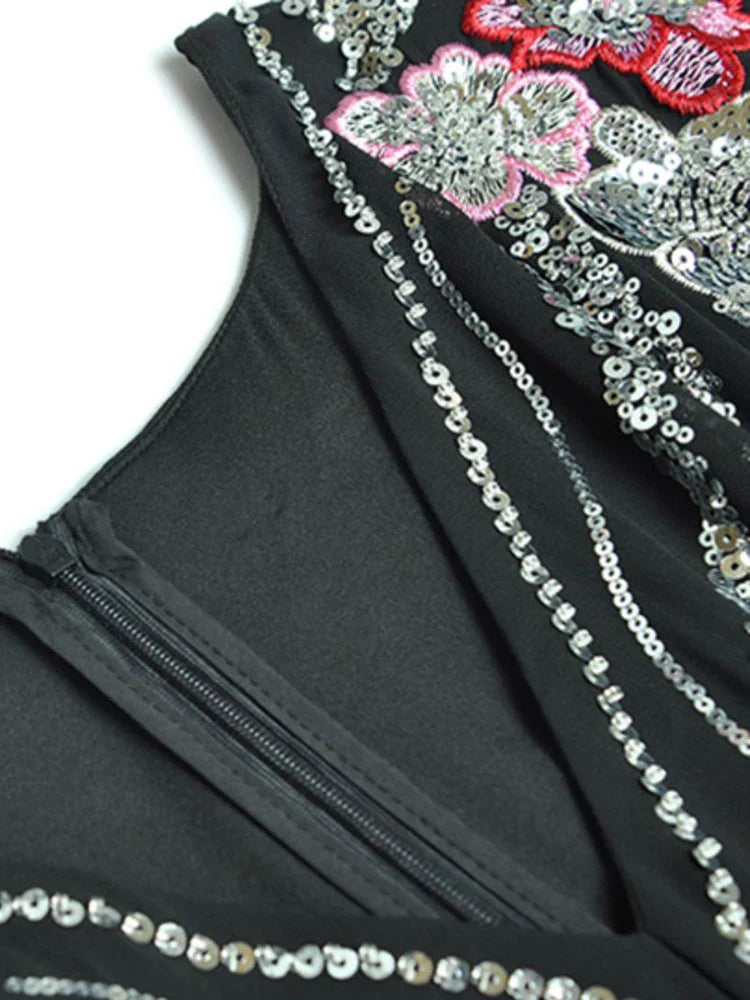 Flowy Sequin-Adorned Evening Dress
