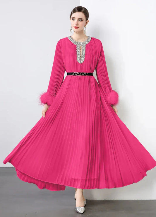 Luxe Pleated Crystal & Feather Dress