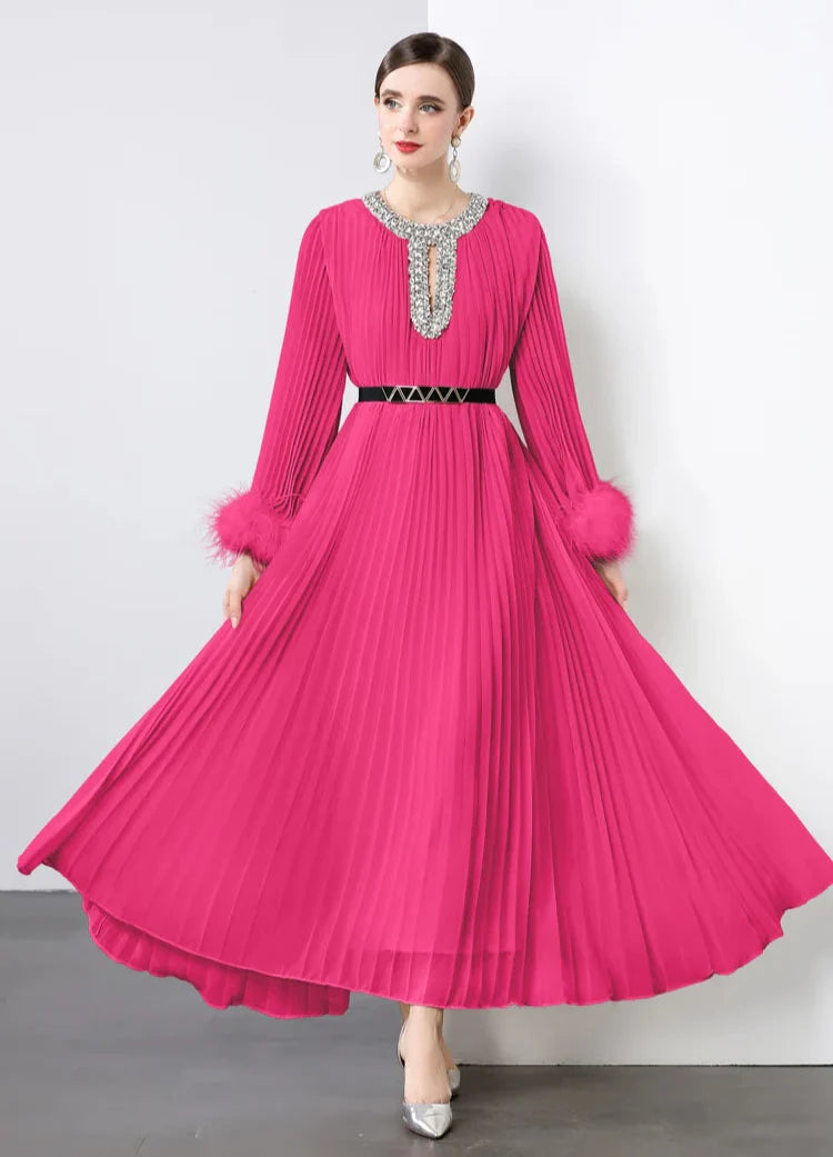 Plisse Faux Fur Crystal Dress