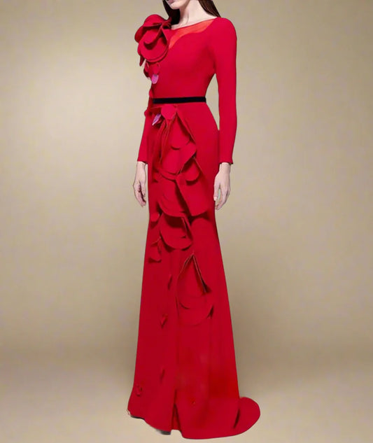 Couture Ruffled Rosette Maxi Dress