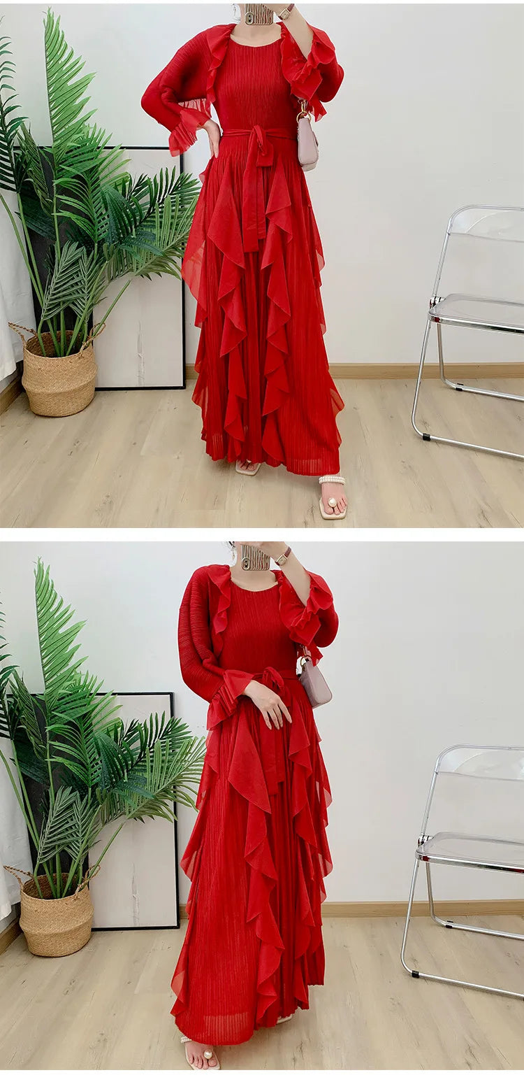 Luxury Pleated Ruffle Midi Dress