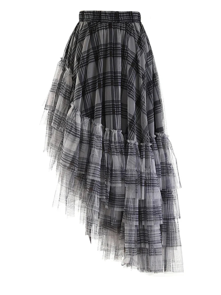 Plaid Asymmetric Tulle Pull-On Skirt