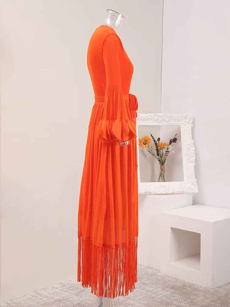 Elegant Fringe Hem Plissé Dress