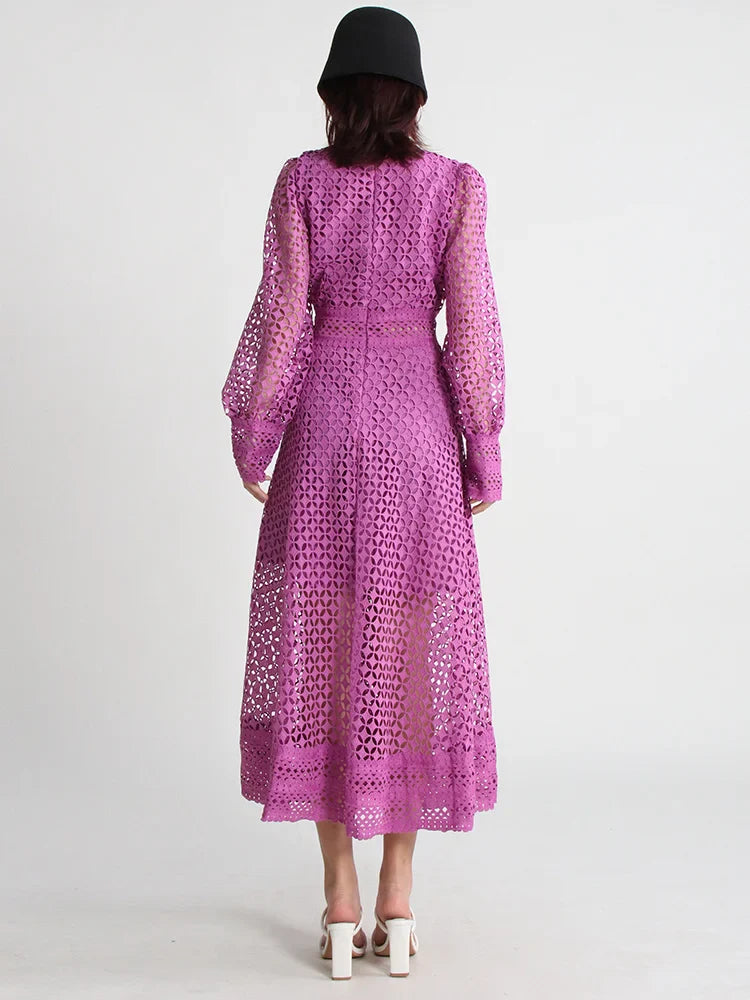 Luxury Lace Midi Dress - Long Balloon Sleeve 