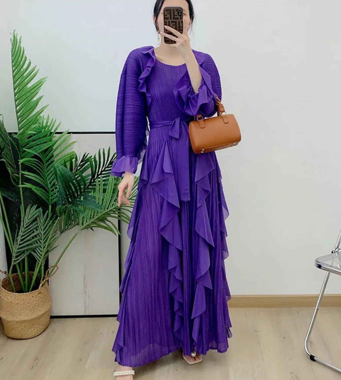 Luxury Pleated Ruffle Midi Dress
