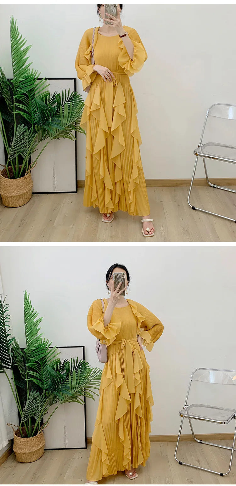 Luxury Pleated Ruffle Midi Dress